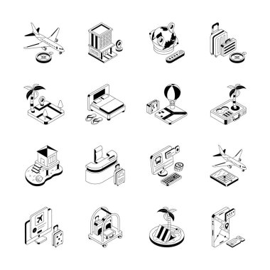 Tatil ve seyahat kavramlarını gösteren modern izometrik simgeleri yakala