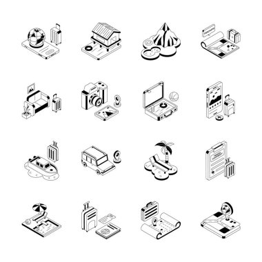İzometrik tarzda kullanışlı seyahat simgesi paketi, düzenlenmesi kolay