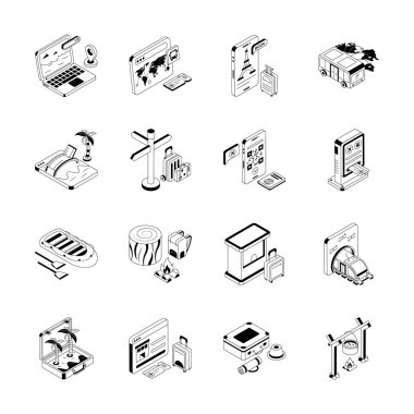 Tatil ve seyahat kavramlarını gösteren izometrik simgelere bak