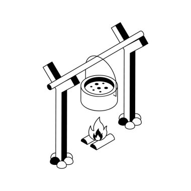 Kamp pişirme malzemelerini gösteren birinci sınıf izometrik bir simge