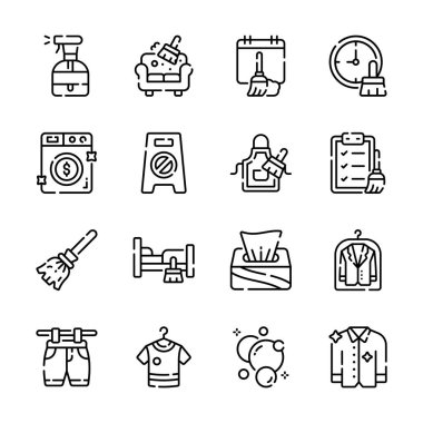 Kullanışlı çamaşır paketi ve ev işi ana hatları simgeleri kullanmaya hazır