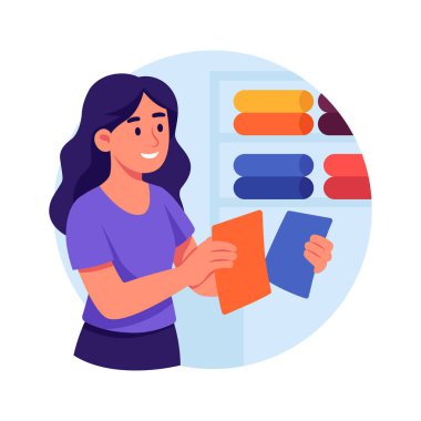 Giyim mağazasından kumaş örnekleri seçen bir kadın.