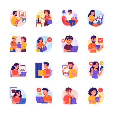 Çevrimiçi alışveriş, dağıtım, eleştiriler ve e-ticaret eylemlerini gösteren modern karakterler.