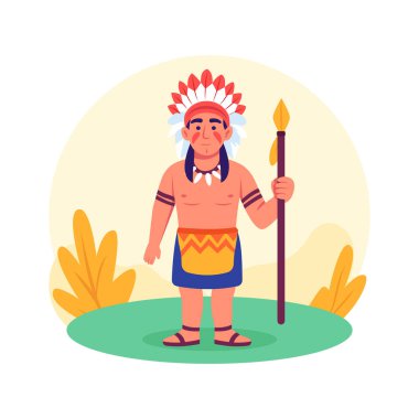 Geleneksel giyinmiş, elinde mızrak tutan bir Amerikan yerlisinin stilize edilmiş düz çizimi..