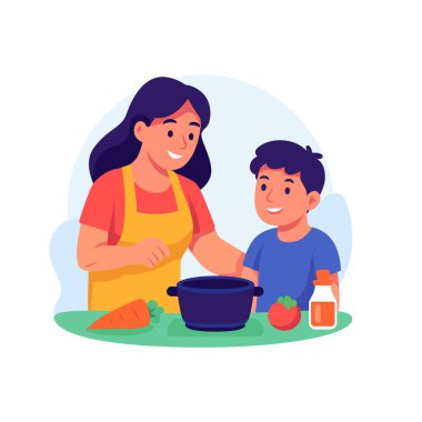 Mutfakta birlikte yemek pişiren bir anne ve oğulun yürek ısıtan bir örneği..