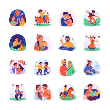 Modern tarzda kültürel aktivitelerin düz çizimlerinin bir koleksiyonu