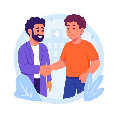 Hastanede el sıkışan hastayı selamlayan doktor, düz çizim.