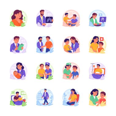 Sağlık hizmetleri dahilinde çeşitli senaryoları tasvir eden düz dizayn çizimlerinin bir koleksiyonu.
