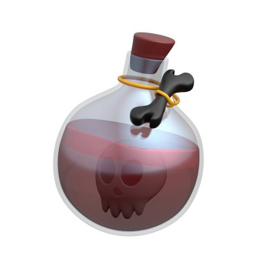 Zehirli şişe, kafatası ve koyu kırmızı sıvı..