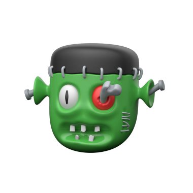 Canlı, karikatürist, yeşil Frankenstein canavar kafası düz beyaz bir arka planda.