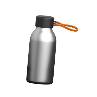 Yüksek kalite, parlak, modern, gümüş renkli metal bir su şişesinin stüdyo çekimi..