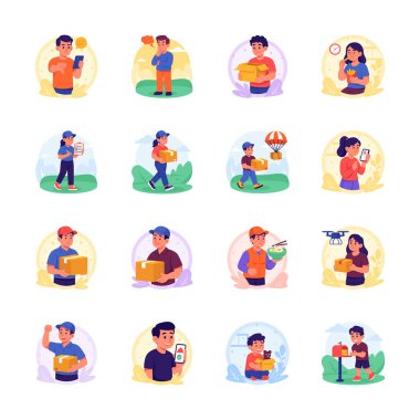 Çeşitli paket teslimat yöntemlerini tasvir eden düz çizimler koleksiyonu,