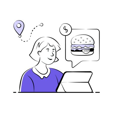 İnternetten hamburger sipariş etmek için tablet kullanan genç bir kadının resmi..