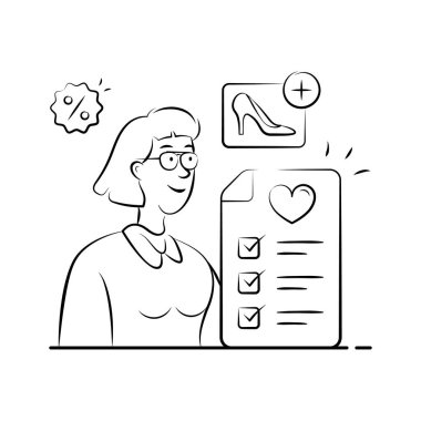 İstek listesine ürün ekleyen müşterilerin el çizimi vektör illüstrasyonu