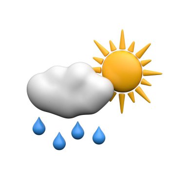 Güneşli, bulutlu ve yağmur damlalı neşeli bir hava ikonu..