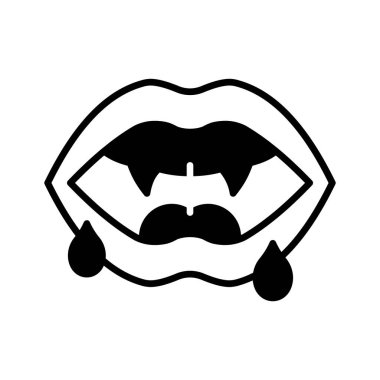 Sharp vampire fangs with blood drops, spooky Halloween horror design