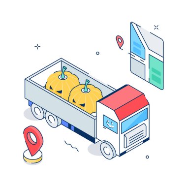 Cadılar Bayramı kamyonu kabak dağıtıyor. Ürkütücü konum haritası broşlu, konsept resimli.