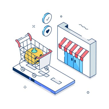 Cadılar Bayramı alışveriş arabası balkabağı ve mağaza önü binası, konsept izometrik illüstrasyon