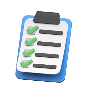 3D checklist clipboard icon for tasks, shopping, and orders.