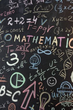 Tahta duvara renkli tebeşirle yazılmış matematiksel formüller. dikey resim