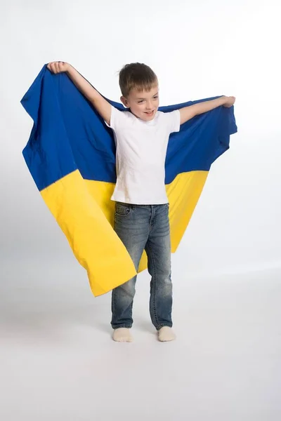 Beyaz Arka Planda Ukrayna Bayrağı Taşıyan Slav Görünümlü Küçük Bir — Stok fotoğraf