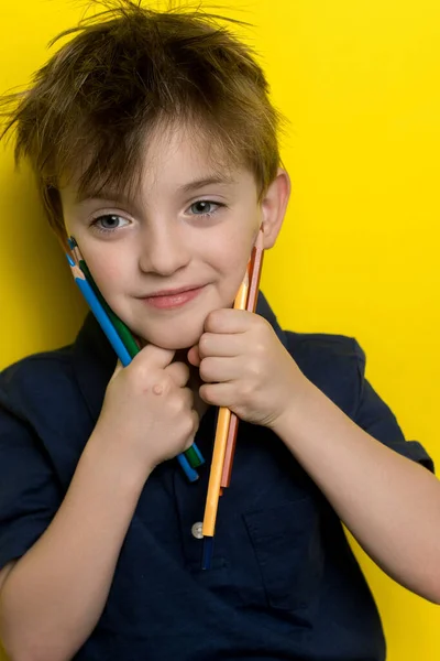 Ένα Αγόρι Ευρωπαϊκή Εμφάνιση Κρατά Χρωματιστά Μολύβια Στα Χέρια Του — Φωτογραφία Αρχείου