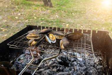 Barbekü rafında taze ızgara midye, açık havada sıcak güneş ışığı altında parlıyor. Mükemmel bir deniz ürünleri ızgarası sahnesi, açık hava yemeklerinin lezzetlerini ve atmosferini yakalıyor.