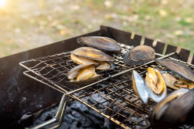 Açık ateşte ızgara deniz ürünleri. Lezzetli bir yemek için hazır. Yemek blogları, yaz barbeküleri ve aşçılık meraklıları için mükemmel.
