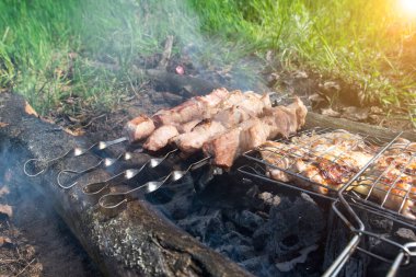 Close-up of grilled pork sizzling on a barbecue, capturing the juicy texture and smoky flavor. A perfect representation of spring outdoor cooking and relaxation in nature clipart