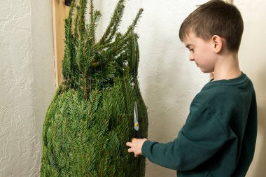 Ağları içeriden keserek bir Noel ağacını açmak. Tatil hazırlıklarının başlangıcını gösteriyor. Noel, kutlama ve ev dekorasyonu için ideal..