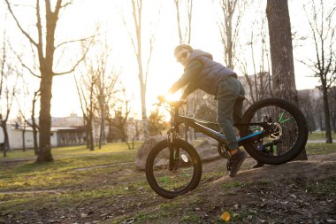Altın saat boyunca çimenler ve çıplak ağaçlarla çevrili bir bisikletçinin bulanık görüntüsü. Macera, bisiklet ya da manzaralı açık hava görselleri için harika..