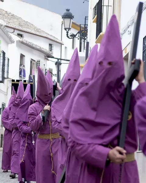 stock image Cultural Heritage on Display: Holy Week Celebrations with Purple-Robed Figures