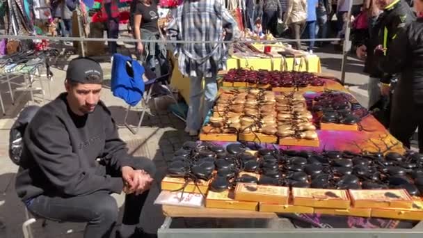 2023年3月19日马德里西班牙El Rastro Flea市场自助食堂在集市上出售 — 图库视频影像