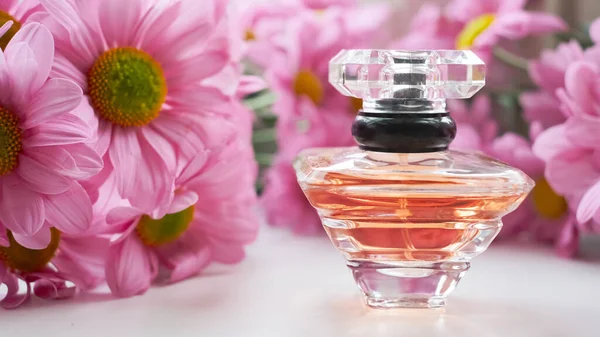Butelka Perfum Otoczona Różowymi Kwiatami Chryzantemy Eau Toilette Eau Perfum — Zdjęcie stockowe