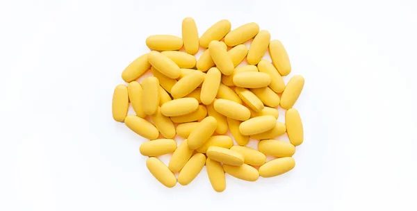 Detailní Struktura Žlutých Multivitaminových Tablet Bílém Pozadí Zdravý Životní Styl — Stock fotografie