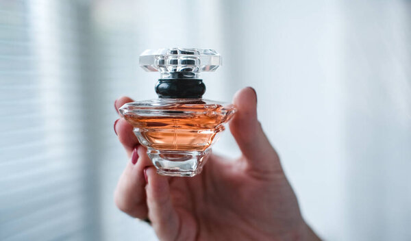Парфюмерная бутылка в женской руке на фоне светлого интерьера комнаты. Eau de tofeltte, eau de parfum, концепция красоты.