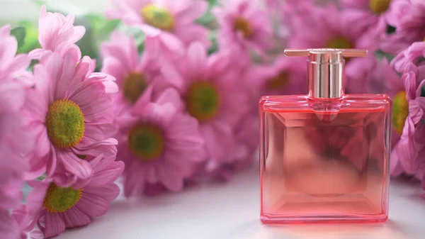 Butelka Perfum Otoczona Różowymi Kwiatami Chryzantemy Eau Toilette Eau Perfum — Zdjęcie stockowe
