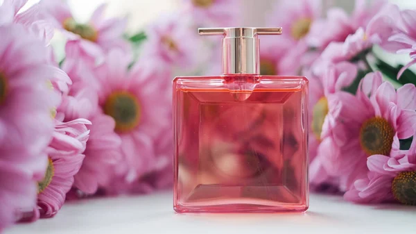 Láhev Parfému Obklopená Růžovými Květy Chryzantémy Eau Toilette Eau Parfum — Stock fotografie