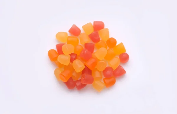 Selektivt Fokus Närbild Struktur Orange Och Gula Multivitamin Gummier Vit — Stockfoto
