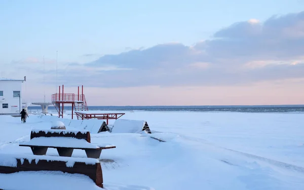 Снег Пляже Время Заката Зимний Пейзаж — стоковое фото