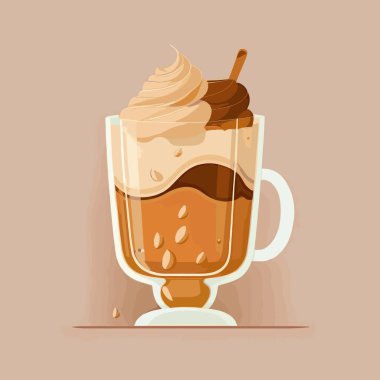 Flat cartoon illustration of cute beautiful glass cup of coffee drink in pastel brown colors.