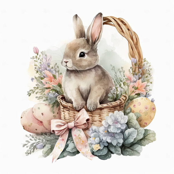 Симпатичный акварельный кролик с бантом на шее в корзине с яйцами, цветами, на белом фоне в мягких тонах.