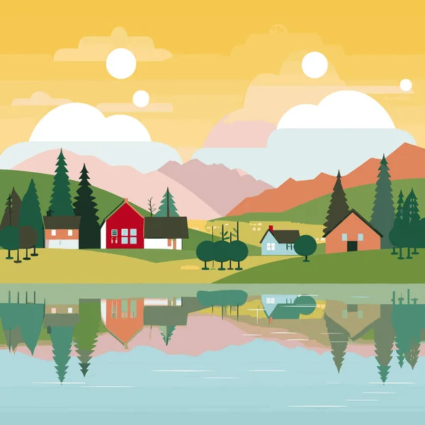 背景に美しい家 湖や山とシンプルな明るい風景とベクトルイラスト — ストックベクタ