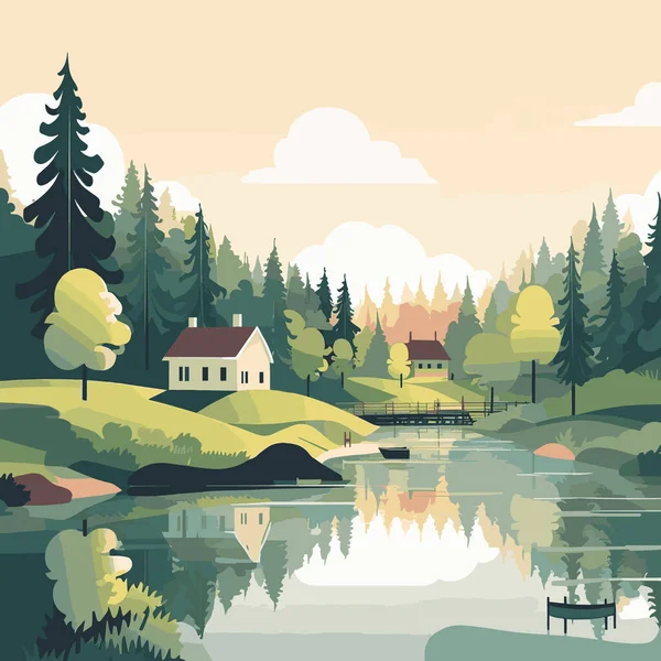背景に美しい家 湖や山とシンプルな明るい風景とベクトルイラスト — ストックベクタ