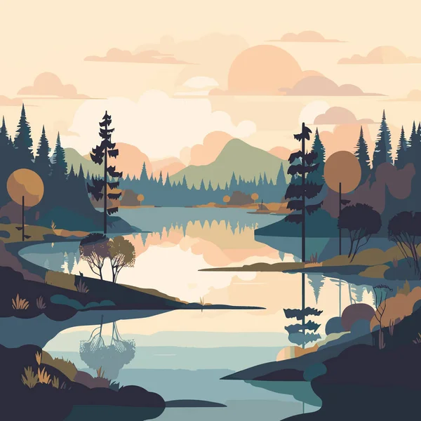 背景に美しい湖と山とシンプルな明るい風景とベクトルイラスト — ストックベクタ