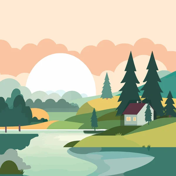 Векторная Иллюстрация Простым Ярким Пейзажем Красивыми Домами Озером Горами Заднем — стоковый вектор