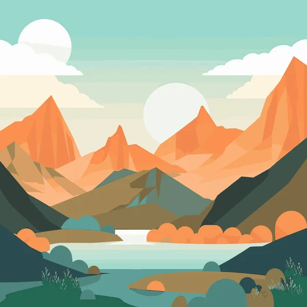 Ilustración Vectorial Con Paisaje Brillante Simple Con Hermoso Lago Montañas — Vector de stock