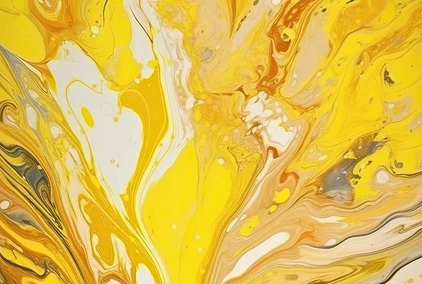 stock image Digital illustration in fluid art style in yellow colours. Abstract mixing of colored liquid paints.