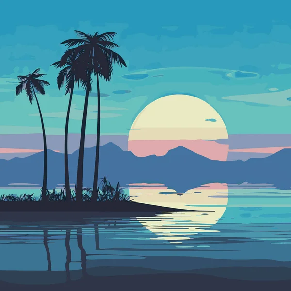 Εικονογράφηση Διάνυσμα Ένα Απλό Όμορφο Θαλασσογραφία Φοίνικες Παραλία Και Τον — Διανυσματικό Αρχείο