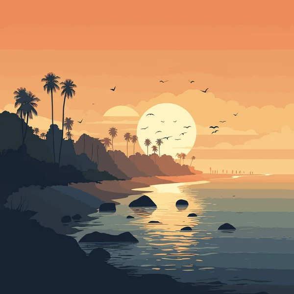 Εικονογράφηση Διάνυσμα Ένα Απλό Όμορφο Θαλασσογραφία Φοίνικες Παραλία Και Τον — Διανυσματικό Αρχείο
